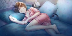 Rule 34 | 1girl, ass, bag, barefoot, blue bag, blue reflection (series), blue reflection sun, blush, book, breasts, brown hair, cellphone, cleavage, closed eyes, closed mouth, collarbone, facing viewer, game cg, handbag, highres, holding, holding phone, kishida mel, large breasts, light smile, lying, non-web source, official art, on bed, on side, open clothes, open pajamas, open shirt, pajamas, phone, pillow, pink pajamas, pink shirt, pink shorts, shirt, short hair, shorts, sleeping, smartphone, solo, takaoka yukiko, tissue box