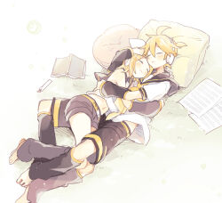 1boy 1girl :3 :t blonde_hair brother_and_sister closed_eyes detached_sleeves feet_out_of_frame full_body grey_leg_warmers grey_sailor_collar grey_shorts grey_sleeves headphones kagamine_len kagamine_rin leg_warmers lying midriff navel neckerchief on_back on_side pillow sailor_collar sailor_shirt shirt short_hair short_shorts shorts siblings sketch sleeping sleeveless sleeveless_shirt stomach suzumi_(fallxalice) vocaloid white_shirt yellow_neckerchief