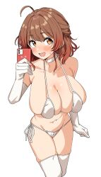 1girl bare_shoulders bikini blush breasts brown_eyes brown_hair cellphone choker cleavage collarbone elbow_gloves gakuen_idolmaster gloves hanami_ume highres huge_breasts idolmaster looking_at_viewer navel open_mouth phone seihekiog short_hair side-tie_bikini_bottom smile solo swimsuit thighhighs thighs white_background white_bikini white_choker white_gloves white_thighhighs