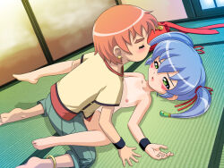 1boy 1girl asuka_souma censored cum cum_in_pussy hair_ornament hairpin hetero japanese_clothes loli long_hair magatama miko mosaic_censoring nazuna_(onmyou_taisenki) onmyou_taisenki pussy sex shota twintails vaginal