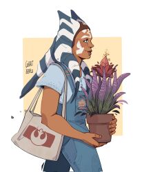 1girl ahsoka_tano alien artist_name bag blue_eyes blue_overalls blue_shirt cobalt_beam colored_skin flower_pot from_side highres holding holding_flower_pot lekku_(anatomy) orange_skin overalls shirt short_sleeves solo star_wars togruta