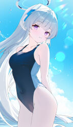 1girl absurdres beach blue_archive blue_one-piece_swimsuit blue_sky competition_swimsuit day highres long_hair noa_(blue_archive) ocean one-piece_swimsuit outdoors parted_lips purple_eyes sky solo swimsuit usagi_(786113654) water white_hair
