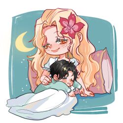 Rule 34 | 1boy, 1girl, aged down, baby, black hair, blonde hair, chibi, chinese commentary, commentary request, flower, hair flower, hair ornament, hibiscus, highres, long hair, looking at viewer, moon, mother and son, on lap, one piece, pillow, portgas d. ace, portgas d. rouge, puffy short sleeves, puffy sleeves, shiyuzai, short hair, short sleeves, sidelocks, sleeping, smile, sparkle