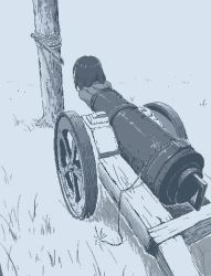 1girl attempted_suicide bamboo bamboo_spear blazer cannon facing_away from_behind fuse grass hamsterfragment imminent_death jacket jaggy_lines lit_fuse medium_hair monochrome original outdoors rope school_uniform solo suicidal_girl_(hamsterfragment) tree wheel