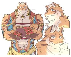 1boy abs animal_ears artist_name bara biceps cat_nose chinese_clothes closed_mouth commentary crossed_arms dododoonut english_commentary furry furry_male highres lin_hu_(nekojishi) looking_at_viewer looking_to_the_side male_focus multiple_views muscular muscular_male nekojishi orange_fur pectoral_cleavage pectorals profile smile tiger_boy tiger_ears tiger_stripes upper_body