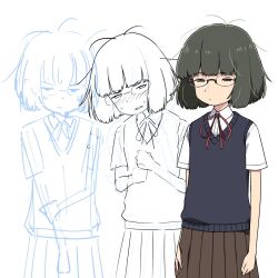 1girl blunt_bangs blush bob_cut glasses highres hikage_monogatari honda_neneko jimiko multiple_views neck_ribbon pleated_skirt ribbon school_uniform shirt short_hair skirt urin