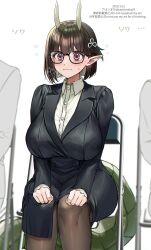 1girl biscione_(fate) black_hair black_skirt blush breasts business_suit collared_shirt dragon_girl dragon_tail fate/grand_order fate_(series) fine_fabric_emphasis formal_clothes highres horns impossible_clothes large_breasts long_sleeves office_lady pantyhose pencil_skirt pointy_ears red_eyes shirt short_hair sitting skirt skirt_suit suit tail white_shirt yayoi_maka