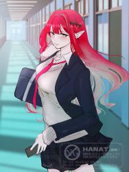 1girl baobhan_sith_(fate) black_jacket black_skirt blush breasts fate/grand_order fate_(series) grey_eyes hair_ornament hanatto_san highres holding holding_phone jacket long_hair looking_at_viewer necktie phone pink_hair pink_necktie pointy_ears school_uniform sidelocks skirt solo