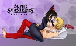 Rule 34 | bayonetta, bayonetta (series), bayonetta 1, black boots, black hair, blonde hair, bodysuit, boots, breasts, breasts out, capcom, girl on top, glasses, gloves, grabbing another&#039;s breast, groping, gun, holding, holding another&#039;s waist, holding gun, holding weapon, ken masters, lipstick, makeup, nintendo, nintendo switch, no shirt, non-web source, ponytail, skin tight, street fighter, super smash bros., weapon
