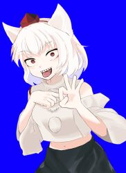 1girl animal_ears black_skirt blue_background breasts commentary_request cookie_(touhou) cowboy_shot detached_sleeves hat highres inubashiri_momiji kuso_inu_(cookie) looking_at_viewer medium_breasts midriff navel open_mouth penetration_gesture pom_pom_(clothes) pro55h red_eyes sharp_teeth shirt short_hair simple_background skirt sleeveless sleeveless_shirt smile solo teeth tokin_hat tongue tongue_out touhou white_hair white_shirt white_sleeves wolf_ears wolf_girl