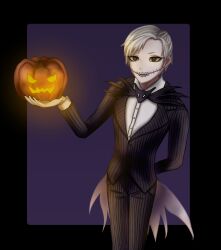 1boy 1girl absurdres dedollchan dress formal_clothes graveyard highres jack_skellington jacket long_hair long_sleeves male_focus moon pinstripe_pattern pinstripe_suit pinstripe_vest sally_(nbc) short_hair silhouette simple_background smile striped_clothes striped_vest suit the_nightmare_before_christmas vest white_hair