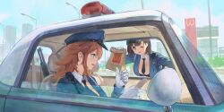 2girls absurdres bag black_necktie blue_shirt breasts brown_hair car ddal detached_collar driving female_service_cap gloves gun hat highres holding holding_bag lamppost large_breasts leaning_forward long_hair looking_at_another motor_vehicle multiple_girls necktie one_eye_closed open_window original police police_car police_hat police_uniform policewoman shirt short_hair sitting star-shaped_pupils star_(symbol) symbol-shaped_pupils thumbs_up walkie-talkie wcdonald&#039;s weapon white_gloves window