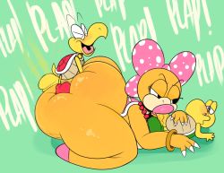 1girl 2boys angry ass blush breast_press breasts closed_eyes doggystyle english_text fellatio grabbing_another&#039;s_ass grabbing_from_behind height_difference highres huge_ass huge_penis koopa koopa_troopa lying mario_(series) mb_ota medium_breasts monster multiple_boys nintendo open_mouth oral penis sex sex_from_behind simple_background size_difference smile super_mario_bros._1 super_mario_bros._3 veins veiny_penis wendy_o._koopa