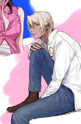 1boy 1girl ace_attorney adam&#039;s_apple alternate_costume amikoiiko apollo_justice:_ace_attorney badge between_legs blonde_hair blue_background blue_eyes boots breast_pocket brown_boots brown_hair button_badge copyright_name cropped cropped_arm dark-skinned_male dark_skin denim dress_shirt drill_hair earrings ema_skye fingernails hand_between_legs hand_on_own_knee highres initial jeans jewelry klavier_gavin knee_up light_smile long_hair long_sleeves looking_at_viewer male_focus middle_ring mismatched_eyebrows multiple_rings pants partially_unbuttoned pink_background pink_shirt pocket ring shirt short_hair simple_background single_earring sitting skirt sleeveless sleeveless_shirt sternocleidomastoid_muscle three-toned_background thumb_ring white_background white_shirt white_skirt