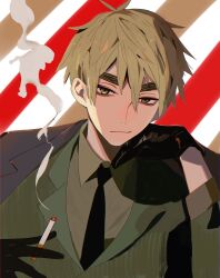 1boy axis_powers_hetalia black_gloves black_jacket black_necktie blonde_hair brown_shirt cigarette closed_mouth collared_shirt gloves green_eyes green_shirt hair_between_eyes hand_on_own_face head_rest highres holding holding_cigarette jacket jacket_on_shoulders lapels layered_clothes long_sleeves male_focus necktie notched_lapels parted_bangs pinstripe_pattern pinstripe_shirt shirt smirk smoke smoke_trail solo suit_jacket thick_eyebrows united_kingdom_(hetalia) upper_body wing_collar wto_1955514