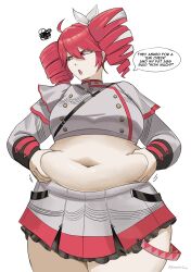1girl absurdres ahoge alternate_body_size belly belly_grab belt big_belly black_belt black_sleeve_cuffs buttons commentary double-breasted drill_hair english_commentary english_text fat fat_rolls fat_woman grey_skirt gus_(emmarrgus) hair_between_eyes hand_on_own_stomach highres kasane_teto kasane_teto_(sv) layered_skirt layered_sleeves lips long_sleeves looking_to_the_side mocking navel obese plump red_eyes red_hair red_skirt red_trim shirt shoulder_belt shoulder_boards simple_background skirt skirt_set solo speech_bubble synthesizer_v thick_thighs thighs twin_drills utau white_background