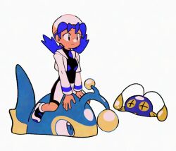 1girl bike_shorts black_eyes black_shirt blue_hair chinchou closed_mouth evolutionary_line flipped_hair gen_2_pokemon hat jacket kris_(pokemon) lanturn long_hair long_sleeves nintendo open_clothes open_jacket pokemon pokemon_(creature) pokemon_gsc riding riding_pokemon shirt shoes sitting smile twintails tyako_089 white_background white_hat white_jacket white_shoes