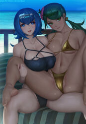 2girls barefoot beach bikini black_bikini blue_eyes blue_hair blue_sky breasts cameltoe closed_mouth dark-skinned_female dark_skin day feet green_eyes grey_hair hair_ornament lana_(pokemon) large_breasts limgae long_hair looking_at_viewer looking_to_the_side low_twintails mallow_(pokemon) matching_hair/eyes medium_breasts multiple_girls navel nintendo ocean one-piece_swimsuit patreon_username pokemon pokemon_sm short_hair sitting sitting_on_person sky smile spread_legs sweat swimsuit toenails toes twintails yellow_bikini