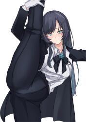 1girl absurdres ado_(utaite) black_coat black_hair black_pants blue_eyes blush chando_(ado) closed_mouth coat collared_shirt commentary_request dress_shirt ekibyoudayo gloves highres long_hair looking_at_viewer mole mole_under_eye open_clothes open_coat pants shirt simple_background solo split standing standing_on_one_leg standing_split utaite white_background white_gloves white_shirt