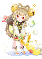 :o backpack_basket basket bell bent_over bow-shaped_hair braid brown_hair chinese_clothes doll falling full_body genshin_impact hair_bell hair_ornament head_tilt highres holding holding_doll orange_eyes radish standing stuffed_animal stuffed_rabbit stuffed_toy white_background yaoyao_(genshin_impact) yuegui_(genshin_impact) yutukicom