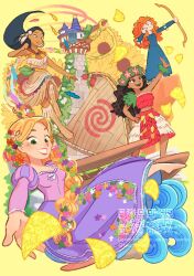 4girls black_hair brave_(pixar) brown_eyes brown_hair curly_hair dark-skinned_female dark_skin disney_princess element_bending grass_skirt highres jewelry long_hair looking_at_viewer merida_(brave) moana_(movie) moana_waialiki multiple_girls necklace orange_tank_top orange_tube_top pocahontas_(disney) pocahontas_(movie) rapunzel_(disney) simple_background strapless takatmaorange tangled tank_top tattoo tattoo_sleeve tribal_tattoo tube_top