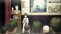 1boy 1girl 6+others alexis_leskinen bad_tag bald blonde_hair blunt_bangs brown_jacket buttons closed_mouth clothing_request coat collar collarbone collared_shirt computer crowd curtains dress flat_chest from_behind game_cg glasses green_collar green_eyes green_hair green_trim grey_dress grin hand_up height_difference highres hiyajou_maho holding holding_tablet_pc hood hood_down hoodie huke jacket lab_coat lapels laptop long_hair long_sleeves looking_at_another messy_hair microphone multiple_others nape non-web_source notched_lapels official_art rabbit_zipper ringed_eyes shirt short_hair smile square_pupils standing steins;gate steins;gate_0 tablet_pc thick_eyebrows very_long_hair very_short_hair white_coat white_shirt