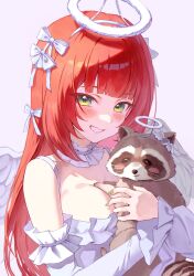 Rule 34 | 1girl, breasts, cleavage, clenched teeth, detached sleeves, dress, fake halo, green eyes, halo, highres, long hair, raccoon, red hair, smile, teeth, ukinami yuzuha, white dress, white wings, wings, yamisroot, zenless zone zero