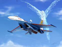 1boy ace_combat aircraft airplane artist_name cloud contrail day fighter_jet flying highres military military_vehicle no_humans pilot realistic signature sky su-27 thompson_(solowingfh) vehicle_focus
