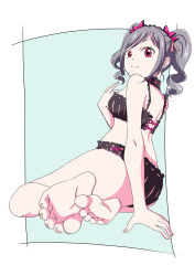 1girl black_bra black_panties bra feet highres idolmaster idolmaster_cinderella_girls kanzaki_ranko leafar long_hair panties red_eyes silver_hair smile soles toes underwear