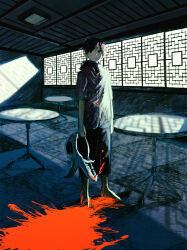 1boy 2ru4shi absurdres architecture backlighting black_eyes black_hair blood blood_on_ground blood_on_mask chinese_clothes east_asian_architecture full_body highres lattice male_focus mask original short_hair short_sleeves shorts table tile_floor tiles