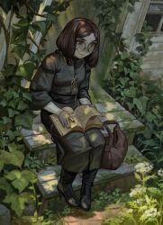 1girl absurdres bag bindweed black_boots black_dress black_nails bob_cut book boots brown_hair dirt_road dress freckles from_above full_body glasses green_eyes highres holding holding_book house leaf multi-tied_hair original overgrown plant road silverheather sitting sitting_on_stairs smile solo stairs star_pendant turning_page vines weeds white_sleeves wooden_house wooden_stairs