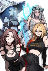 4girls absurdres black_arm_warmers black_choker black_lips black_skirt black_tank_top black_thighhighs blonde_hair blue_eyes blue_hair blue_skin breasts brown_hair choker cleavage colored_skin commentary doll_joints elden_ring elden_ring_nightreign english_commentary extra_arms fishnets flower_wreath gothic_lolita gradient_hair hat head_wreath highres joints large_breasts lolita_fashion looking_at_viewer melina_(elden_ring) midriff multicolored_hair multiple_girls one_eye_closed pleated_skirt queen_marika_the_eternal ranni_the_witch red_hair redpostit revenant_(elden_ring) shoulder_tattoo simple_background skirt tank_top tattoo thighhighs two-tone_hair veil white_background white_hair white_hat white_veil witch_hat yellow_eyes
