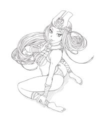 1girl absurdres ancient_princess_menace barefoot chunsoft cosplay dragon_quest dragon_quest_iv enix feet female_focus full_body greyscale highres manya_(dq4) menace_(cosplay) menace_(queen&#039;s_blade) menace_(queen&#039;s_blade) monochrome panties queen&#039;s_blade saltydanshark solo striped_clothes striped_panties underwear white_background