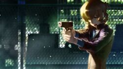 aiming amane_suzuha amane_suzuha_(beta) black_jacket blood blood_drip blood_on_face blue_jacket blue_track_suit blurry blurry_foreground braid breasts brown_hair cityscape cropped_jacket finger_on_trigger game_cg glock gun hair_rings handgun high_collar highres huke jacket jacket_over_jacket leather leather_jacket light_particles medium_breasts night non-web_source official_art open_mouth ringed_eyes sad screaming steins;gate steins;gate_0 tearing_up teeth tongue track_jacket track_suit twin_braids twintails weapon yellow_eyes