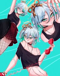 absurdres alternate_costume aqua_background black_choker black_footwear black_tank_top bracelet cecilia_immergreen choker doll_joints fishnet_pantyhose fishnets green_eyes green_streaks grey_hair halo highres holding holding_phone hololive hololive_english jewelry joints licking_lips looking_at_viewer navel necklace pantyhose phone plaid_clothes plaid_skirt shirt_slip skirt tank_top thinkuwu tongue tongue_out virtual_youtuber winding_key
