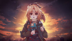 1girl absurdres arknights black_jacket blood blood_splatter blue_nails brown_eyes brown_hair chinese_commentary cloud commentary_request day evening fingernails hair_intakes highres holding holding_weapon jacket lao_qi long_sleeves medium_hair mole mole_under_eye multicolored_nails nail_polish open_mouth orange_nails outdoors parted_bangs partial_commentary pinecone_(arknights) solo sunlight tearing_up weapon