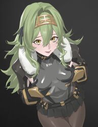 Rule 34 | 1girl, absurdres, belt, belt pouch, black background, black gloves, black ribbon, black skirt, breasts, brown pantyhose, cowboy shot, fur collar, fur trim, gloves, goddess of victory: nikke, grabbing own breast, green hair, hair between eyes, hair intakes, hair ribbon, hairband, highres, kilo (nikke), leotard, long hair, long sleeves, looking at viewer, mechanical gloves, pantyhose, pleated skirt, pouch, ribbon, shrug (clothing), skirt, small breasts, standing, taiyang yu, yellow eyes, yellow hairband