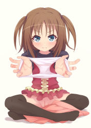 1girl 3: bad_id bad_pixiv_id black_shirt black_thighhighs blush bottomless brown_hair cleft_of_venus closed_mouth commentary_request crossed_legs feet female_focus fingernails full_body hayyan highres holding holding_panties holding_underwear holding_unworn_clothes loli long_hair long_sleeves looking_at_viewer no_shoes nukui_kurumi outstretched_arms panties pink_skirt pleated_skirt presenting_removed_panties pussy shirt simple_background sitting skirt solo sweat tenshi_no_3p! thighhighs two_side_up underwear unworn_panties unworn_skirt v-shaped_eyebrows wavy_mouth white_background white_panties