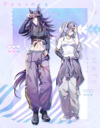 2girls abs absurdres animal_ears arm_warmers baggy_pants bare_shoulders baseball_cap black_hair black_hat black_jacket black_shoes breasts character_name chest_belt clothes_around_waist commentary cropped_jacket cropped_shirt ears_through_headwear female_trainer_(umamusume) fenomeno_(umamusume) flipped_hair full_body grey_hair hair_between_eyes hand_on_headwear hat headphones heart height_difference high_collar high_heels highres horse_ears horse_girl horse_tail jacket jacket_around_waist jewelry kojyo_shino_(murangee) long_hair long_sleeves midriff multiple_girls murangee navel necklace neon_palette oc_x_canon original pants purple_hair purple_pants purple_tail purple_theme shoes single_arm_warmer standing tail tank_top trainer_(umamusume) umamusume vaporwave white_shoes white_tank_top y2k_fashion