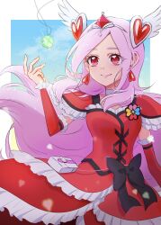 Rule 34 | 1girl, belt pouch, black ribbon, blue sky, bubble skirt, clover, clover brooch, collarbone, confetti, cure passion, diamond (shape), dress, earrings, eas (fresh precure!), four-leaf clover, four-leaf clover necklace, fpminnie1, fresh precure!, frilled dress, frilled sleeves, frills, gloves, hair ornament, hair wings, hand up, heart, heart-shaped pupils, heart earrings, heart hair ornament, higashi setsuna, highres, jewelry, long hair, parted bangs, pink hair, pouch, precure, puffy sleeves, red dress, red eyes, red gloves, ribbon, ribbon trim, signature, silver tiara, skirt, sky, smile, solo, solo focus, symbol-shaped pupils, tiara, upper body, very long hair, wing hair ornament