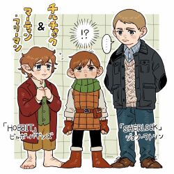 ! !? 3boys armor arms_at_sides barefoot belt_pouch bilbo_baggins black_jacket black_pantyhose blue_pants blush brown_footwear brown_gloves chilchuck_tims collared_shirt commentary_request copyright_name crossover denim dress_shirt dungeon_meshi fingerless_gloves full_body gloves green_scarf halfling highres halfling jacket jeans john_hamish_watson leather_armor lineup long_sleeves martin_freeman multiple_boys multiple_crossover nervous pants pantyhose pointy_ears popi_paretto pouch red_jacket scarf sherlock_(bbc) shirt short_hair sleeves_rolled_up spoken_exclamation_mark standing sweater the_hobbit tolkien&#039;s_legendarium tolkien&#039;s_legendarium trait_connection white_shirt