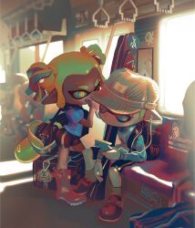 1boy 1girl @_@ bag bike_shorts black_bag black_shorts blue_shirt boots brown_shoes commentary_request dark-skinned_female dark_skin earbuds earphones fang full_body green_hair green_pupils green_socks hat holding holding_phone inkling inkling_boy inkling_girl inkling_player_character looking_at_another multicolored_hair newsboy_cap nintendo one_eye_closed open_mouth orange_hair phone pointy_ears red_boots rubber_boots shirt shoes short_hair short_twintails shorts shoulder_bag sitting smile socks splatoon_(series) tentacle_hair towaxa train_interior twintails two-tone_hair unworn_headwear white_hat yellow_eyes
