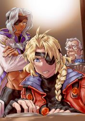3boys bartholomew_fatima black_gloves black_shirt blonde_hair blue_eyes book coat crossed_arms cup eyepatch fingerless_gloves glasses gloves hallupuna highres holding holding_tray lawrence_maison midriff multiple_boys old old_man open_book reading shirt sigurd_harcourt sweat teacup toned toned_male tray white_hair xenogears