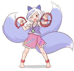 1girl ;d animal_ears barefoot bear_trap bright_pupils commentary_request dog_ears dog_girl dog_tail extra_tails full_body highres jewelry mitsugashira_enoko mizusoba multicolored_hair multiple_tails off-shoulder_shirt off_shoulder one_eye_closed open_mouth pendant pink_skirt purple_hair purple_shirt rainbow_print red_eyes shirt skirt smile solo standing streaked_hair tail touhou triangle_print white_hair white_pupils