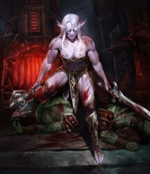 1girl abs absurdres armor arvildon asymmetrical_dual_wielding axe barbarian barefoot blood blood_on_clothes blood_on_face blue_eyes breasts cleavage colored_skin dual_wielding elf facepaint frown furnace glowing glowing_eyes greaves green_skin highres holding long_eyebrows long_hair looking_at_viewer medium_breasts muscular muscular_female night_elf orc pink_skin player_character_(wow) pointy_ears shoulder_armor solo sword warcraft weapon white_hair world_of_warcraft