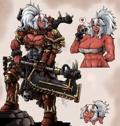 1girl abs adeptus_astartes armor axe backpack bag boots breasts chain chain_axe chaos_(warhammer) chaos_space_marine cleavage cropped_torso cuffs doro_(nikke) gauntlets genderswap genderswap_(mtf) gorget heart highres holding holding_axe holding_weapon horns khorne_(cult) multiple_views muscular muscular_female octosoup pauldrons ponytail power_armor sarashi shackles sharp_teeth shoulder_armor single_gauntlet skull solo spoken_heart teeth warhammer_40k weapon white_hair yellow_eyes