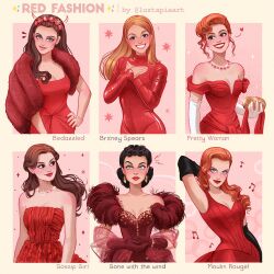 Rule 34 | 6+girls, bedazzled, black gloves, black hair, blair wardorf, blonde hair, bodysuit, breasts, britney spears, brown hair, cabaret, character name, cleavage, commentary, copyright name, dress, english commentary, fashion, fur-trimmed dress, fur trim, gloves, gone with the wind, gossip girl, grin, hairband, highres, jewelry, latex, long hair, lucifer (bedazzled), luztapiaart, moulin rouge, multiple drawing challenge, multiple girls, necklace, oops! ...i did it again, orange hair, pretty woman, real life, red bodysuit, red dress, red theme, satine (moulin rouge), scarlett o&#039;hara, short hair, smile, stole, vivian ward, white gloves, y2k fashion