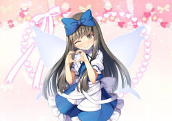 Rule 34 | 1girl, ;), apron, back bow, blue bow, blue dress, blue ribbon, blunt bangs, blush, bow, brown eyes, brown hair, chima q, closed mouth, commentary request, cowboy shot, dress, fairy wings, floral background, frilled shirt collar, frills, hair bow, hands up, heart, heart background, heart hands, highres, long hair, looking at viewer, one eye closed, petticoat, pink background, puffy short sleeves, puffy sleeves, ribbon, short sleeves, sidelocks, simple background, smile, solo, star sapphire, touhou, very long hair, waist apron, wings