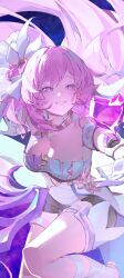 1girl absurdres black_shorts breasts chinese_commentary cleavage commentary_request corset cropped crystal_shards diamond-shaped_pupils diamond_(shape) elysia_(herrscher_of_human:_ego)_(honkai_impact) elysia_(honkai_impact) gloves highres honkai_(series) honkai_impact_3rd large_breasts pink_hair purple_eyes qian_qian_qian short_hair short_shorts shorts smile solo symbol-shaped_pupils thighs triquetra veil white_corset white_gloves white_veil