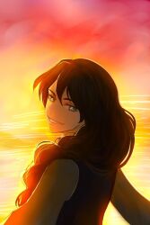 1boy black_hair blue_eyes braid feng_huangyu from_behind grin highres liapaznt long_hair looking_at_viewer looking_back moved_by_freedom ocean single_braid smile solo sunset twilight upper_body water